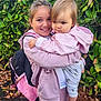 child, children, hug, smile, outdoor, greenery, leaves, backpack, jacket, pink, happy, cute, nature, autumn, footwearless, person, portrait, family, toddler, sibling