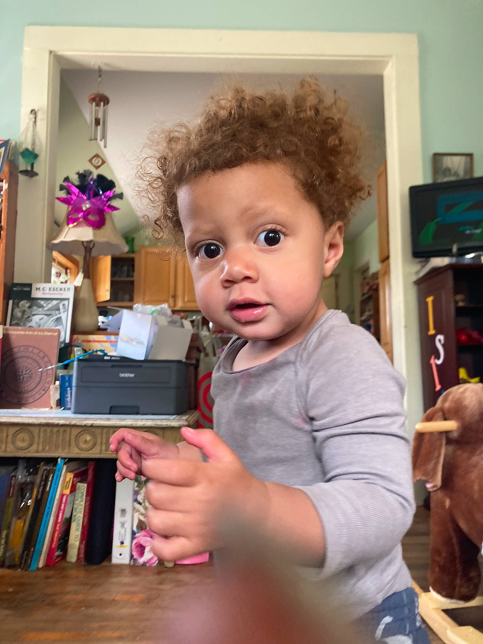 Isla is registered to the contest to win money with this photo: baby, book, bookcase, chair, child, drawer, fun, home, living_room, person, picture_frame, play, publication, room, shelf, shelving, sitting, t_shirt, toddler, toy