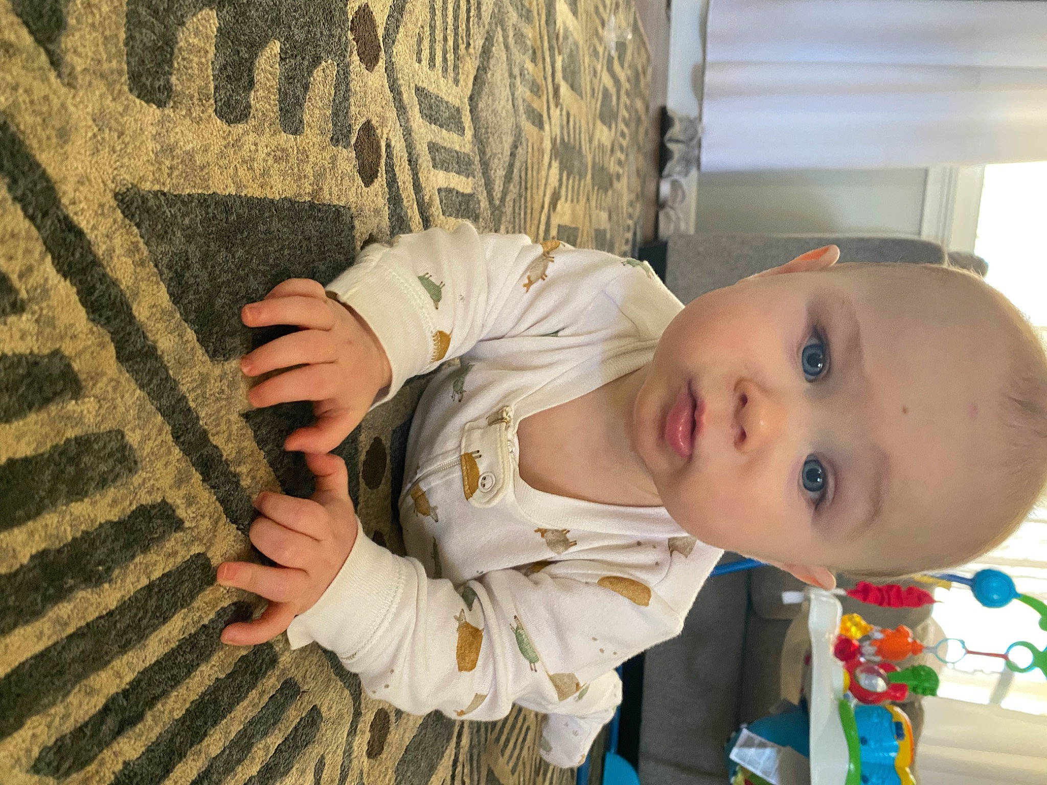 Kaysen is registered to the contest to win money with this photo: baby, baby_products, baby_toddler_clothing, cheek, child, comfort, grass, happy, human, human_body, pattern, person, plant, room, sitting, skin, sleeve, smile, toddler, tree