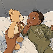 Mouhamed participe au concours pour gagner de l'argent avec cette photo : baby, bed, bedroom, blanket, cartoon, character, child, cozy, cute, drawing, face, hand, happy, illustration, pajamas, person, sleepwear, smile, teddy_bear, toy
