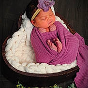 Blessmarie is registered to the contest to win money with this photo: newborn, baby, sleeping, purple_blanket, flower_headband, wooden_bowl, cozy, wrapped, infant, portrait, cute, peaceful, soft_texture, indoor, decorative, greenery, baby_photography, headband, hands, feet