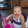 Musica is registered to the contest to win money with this photo: baby, berry_stains, child, curly_hair, cute, furniture, happy, high_chair, indoor, messy_face, minnie_mouse, person, pink, playful, seat, smiling, toddler, toy, white_clothing, wooden_floor
