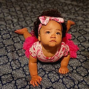 Musica joined the competition — help win amazing prizes! baby, baby_girl, child, closeup, crawling, curly_hair, cute, expression, feet, hands, headband, indoors, infant, looking_up, patterned_blanket, person, pink_clothing, portrait, soft_lighting, toddler
