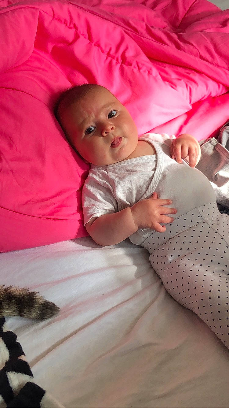 Céleste a rejoint le concours — aidez-le/la à gagner de superbes lots ! baby, baby_toddler_clothing, bed, bed_sheet, bedding, bedtime, child, comfort, fun, happy, linens, magenta, mammal, mouth, person, pink, sitting, skin, textile, toddler