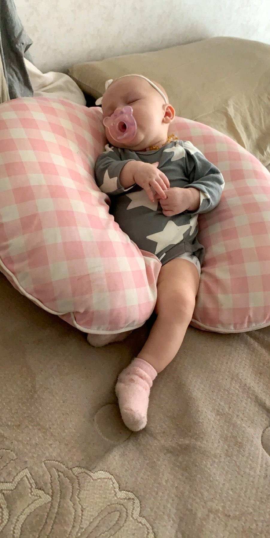 Carrie joined the competition — help win amazing prizes! baby, baby_sleeping, baby_toddler_clothing, child, comfort, foot, head, human_leg, knee, leg, linens, mouth, person, pink, plaid, skin, sock, tartan, textile, thigh