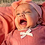 baby, infant, pink_clothing, headband, bow, smiling, happy, cute, closeup, portrait, child, soft_light, indoors, skin, face, mouth_open, eyes, apparel, young_child, cozy