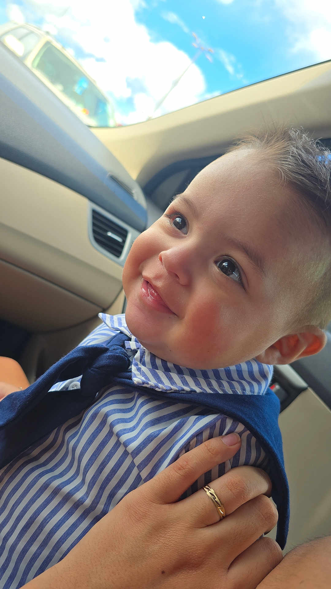 Anthony joined the competition — help win amazing prizes! toddler, child, smiling, striped_shirt, tie, car_interior, hand, gold_ring, face, portrait, happy, cute, baby, person, closeup, skin, eyes, hair, blue_sky, window