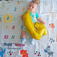 Alp participe au concours pour gagner de l'argent avec cette photo : animal_illustrations, baby, balloon, blue_shoes, celebration, child, colorful, cute, elephant, giraffe, gold_balloon, infant, laying_down, milestone, milestone_blanket, monkey, numbers, striped_clothing, tiger, zebra