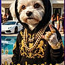 costume, dog, fashion, fluffy, funny, gold_chains, hand_gesture, hip_hop, hoodie, luxury, mansion, outdoor, party, pool, portrait, small_dog, sports_car, text_overlay, watch, white_fur