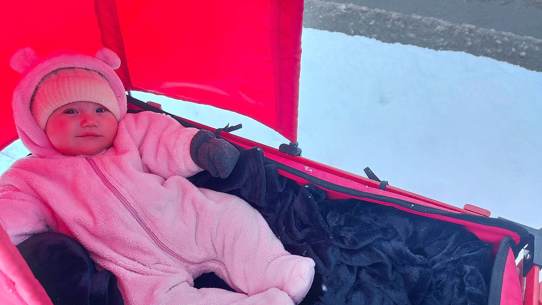 Mackenna is registered to the contest to win money with this photo: baby, baby_toddler_clothing, cap, carmine, comfort, freezing, fun, head, headwear, knit_cap, leisure, magenta, person, personal_protective_equipment, recreation, slope, snow, tints_and_shades, toddler, tree