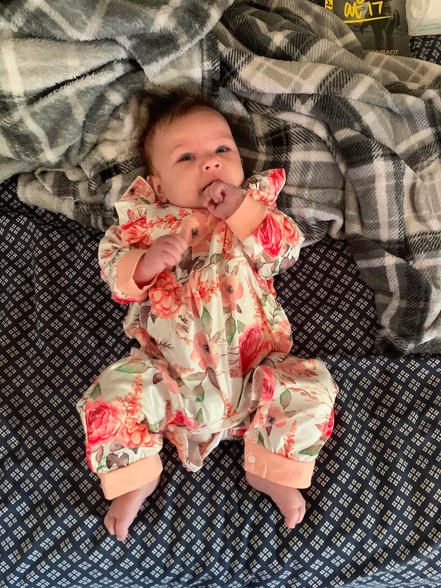 Havanna joined the competition — help win amazing prizes! arm, baby, baby_toddler_clothing, barefoot, carmine, child, comfort, foot, happy, head, human_leg, linens, pattern, peach, person, pink, plaid, skin, sleeve, thigh