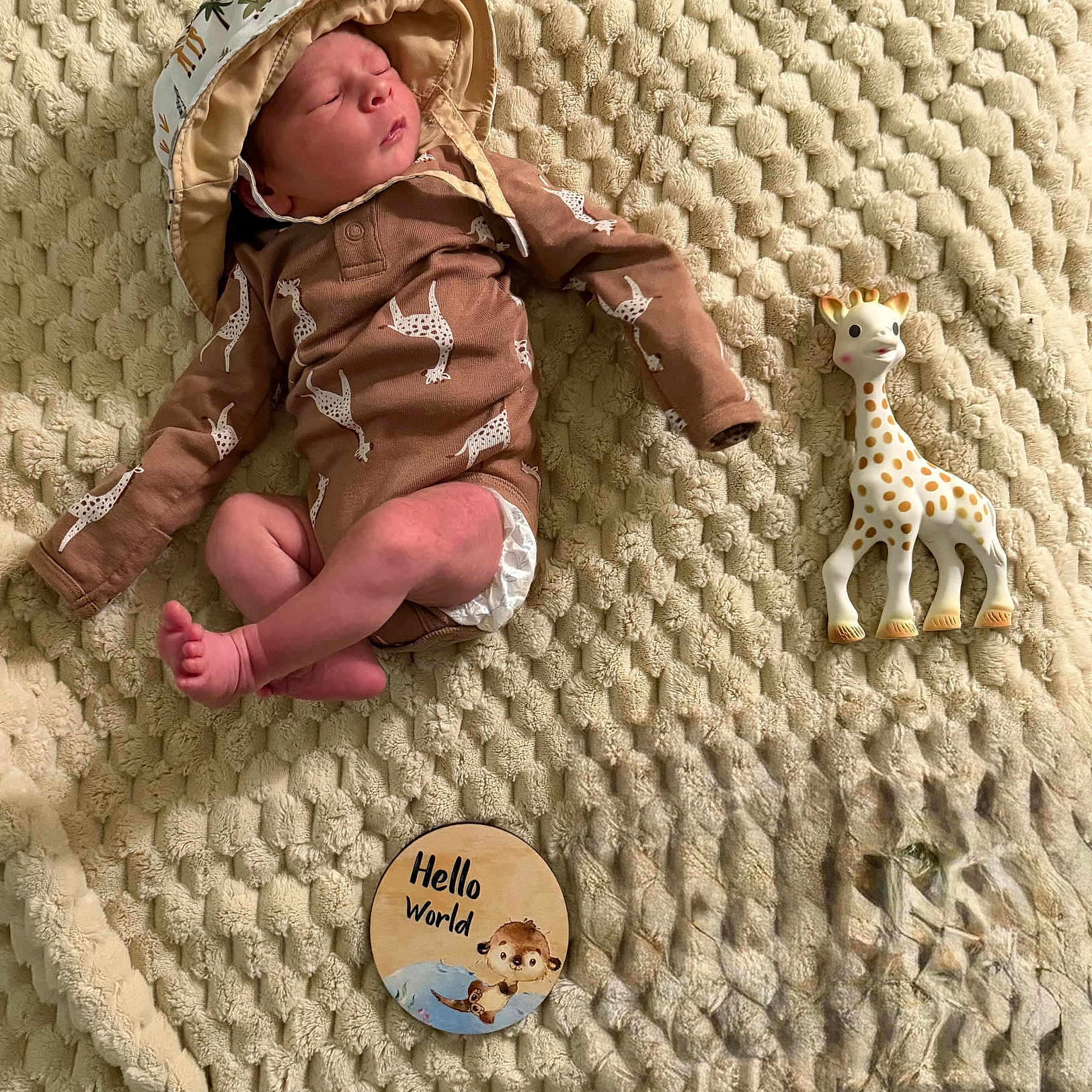 Julian joined the competition — help win amazing prizes! newborn, baby, sleeping, giraffe_pattern, hat, blanket, toy, giraffe_toy, wooden_disc, text, cozy, infant, cute, indoors, soft_texture, child, laying_down, peaceful, clothing, portrait
