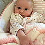 Evelyn is registered to the contest to win money with this photo: baby, infant, blanket, soft, pink, white, clothing, cute, face, child, portrait, indoor, comfort, newborn, hand, sitting, closeup, expression, warmth, young