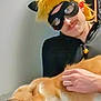 person, cat, costume, mask, yellow_wig, orange_cat, petting, indoor, table, hand, relaxed, animal, feline, black_clothing, smile, fun, casual, companion, cute, friendship