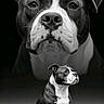 dog, bulldog, puppy, portrait, black_and_white, studio, sitting, standing, serious, front_facing, large_dog, small_dog, short_coat, white_markings, floppy_ears, dark_background, dramatic_lighting, animal_photography, pet, monochrome
