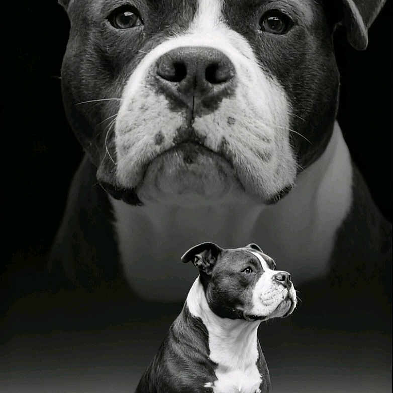 Laïka participe au concours pour gagner de l'argent avec cette photo : dog, bulldog, puppy, portrait, black_and_white, studio, sitting, standing, serious, front_facing, large_dog, small_dog, short_coat, white_markings, floppy_ears, dark_background, dramatic_lighting, animal_photography, pet, monochrome