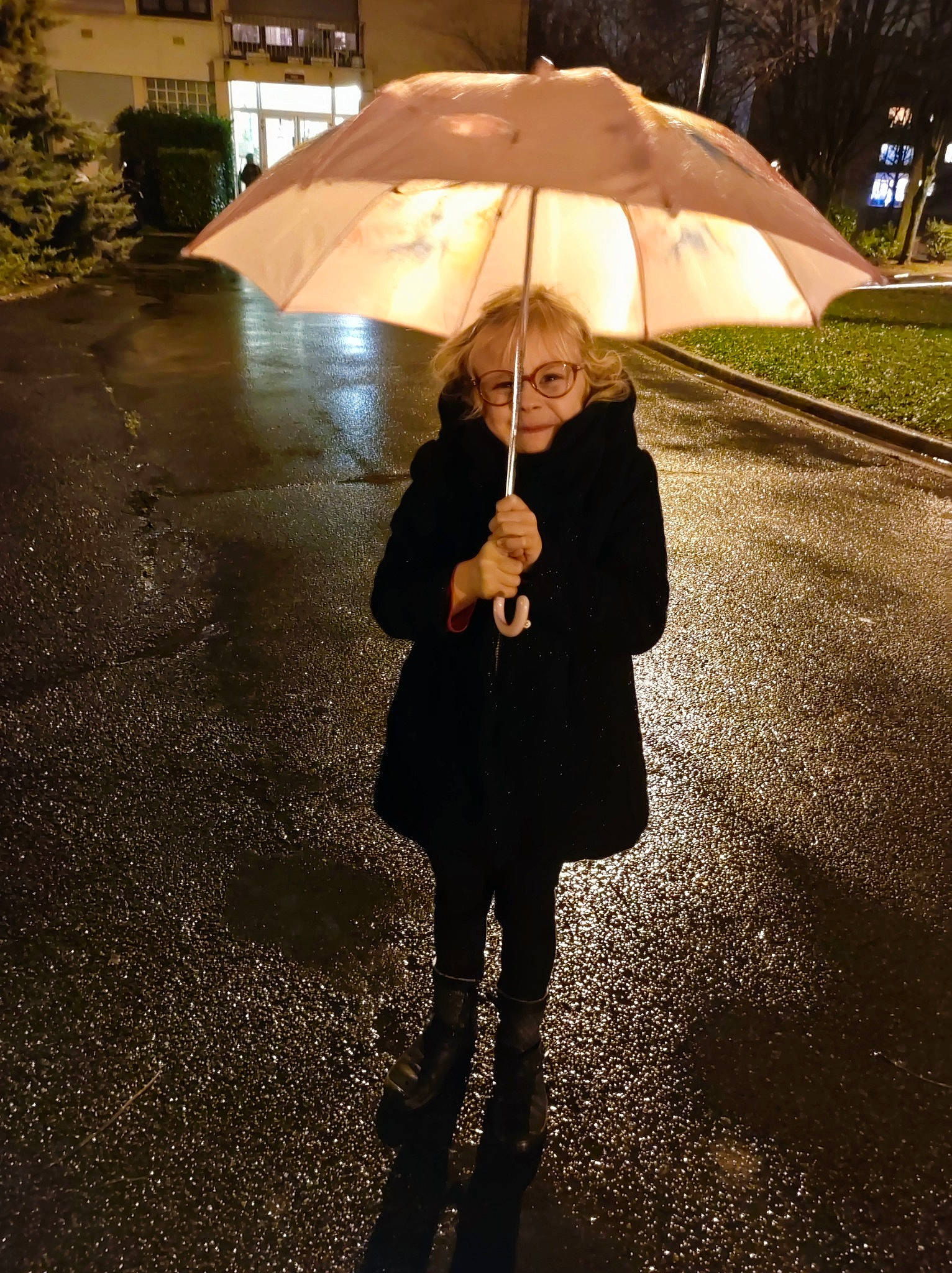 Éléana participe au concours pour gagner de l'argent avec cette photo : asphalt, darkness, fashion_accessory, flash_photography, flooring, human_leg, midnight, pedestrian, person, precipitation, reflection, road, road_surface, shade, shadow, sidewalk, standing, street, tints_and_shades, tree