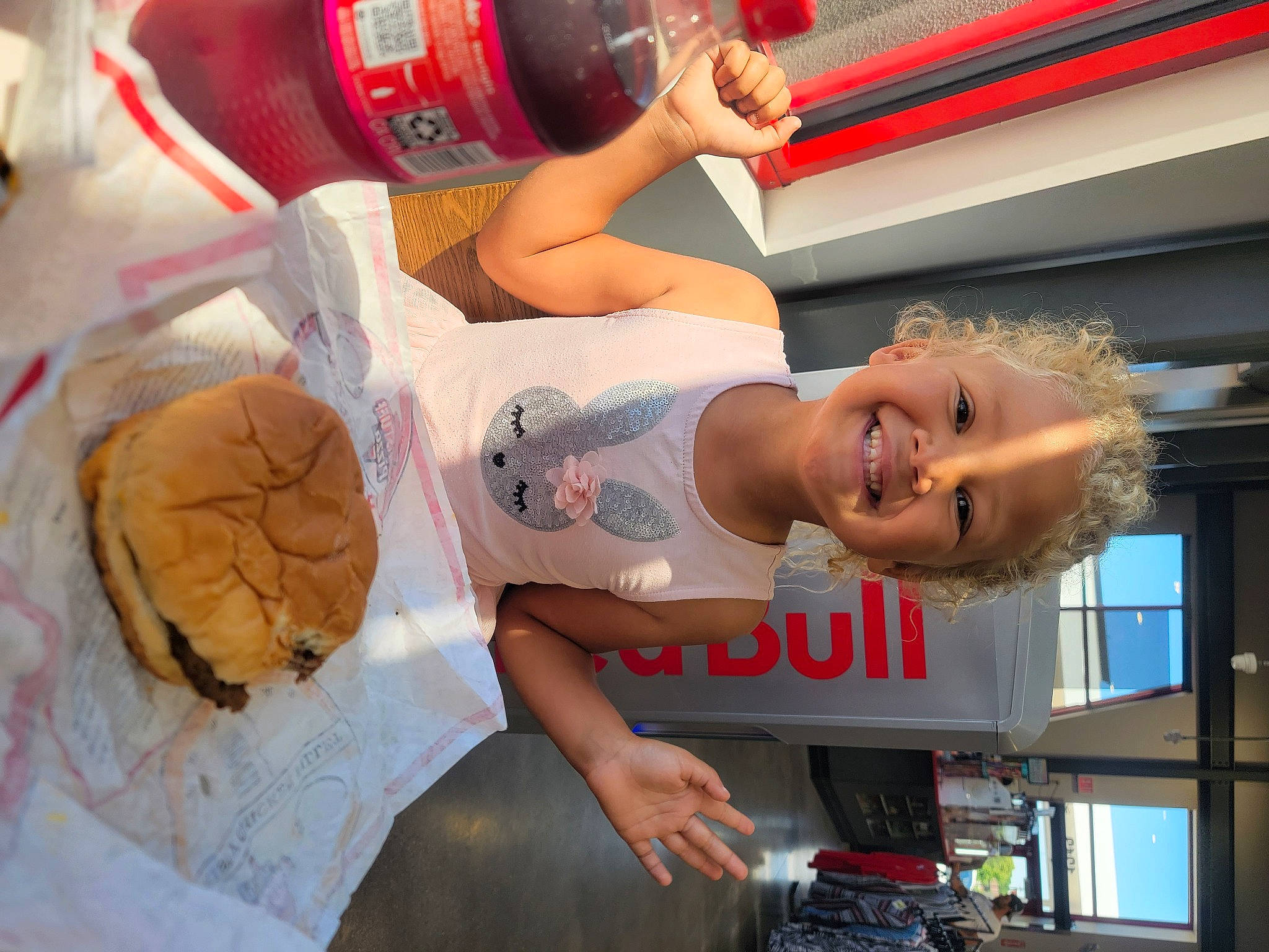 Amiah joined the competition — help win amazing prizes! abdomen, chest, child, elbow, fast_food, finger_food, fun, human_leg, joy, junk_food, leisure, orange, person, room, stuffed_toy, thigh, vacation