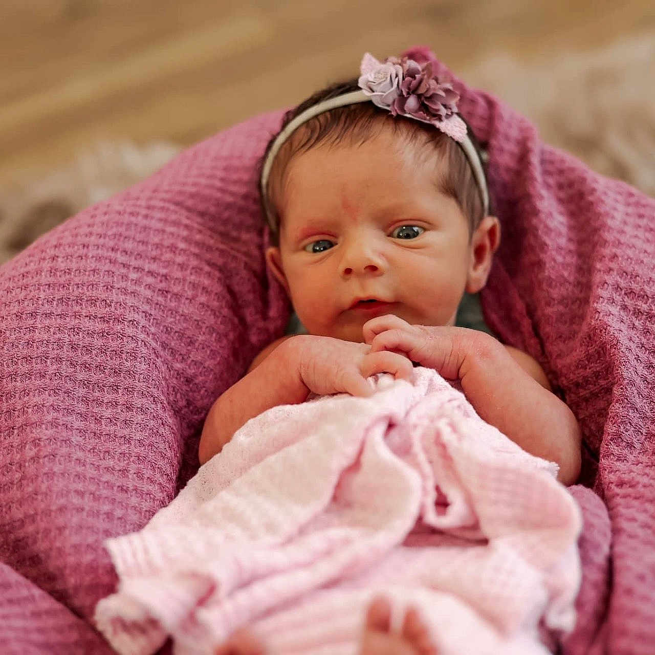 Meredith is registered to the contest to win money with this photo: baby, blanket, face, happy, head, newborn, person, photography, portrait, quilt, sleeping, smile, towel