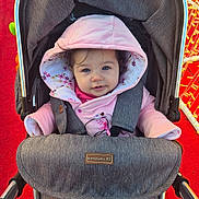 Alyara joined the competition — help win amazing prizes! baby, baby_seat, blue_eyes, child, cozy_clothing, cute, expression, face, gray_fabric, infant, jacket, metal_frame, outdoor, person, pink_hood, portrait, red_carpet, seated, stroller, winter_wear