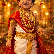 Adithbahu is registered to the contest to win money with this photo: child, smiling, traditional_clothing, gold_jewelry, red_sash, white_dress, festive, rose_petals, happy, portrait, celebration, cultural, indian_attire, young_child, decorative, bright_lighting, indoor, person, jewelry, festivity