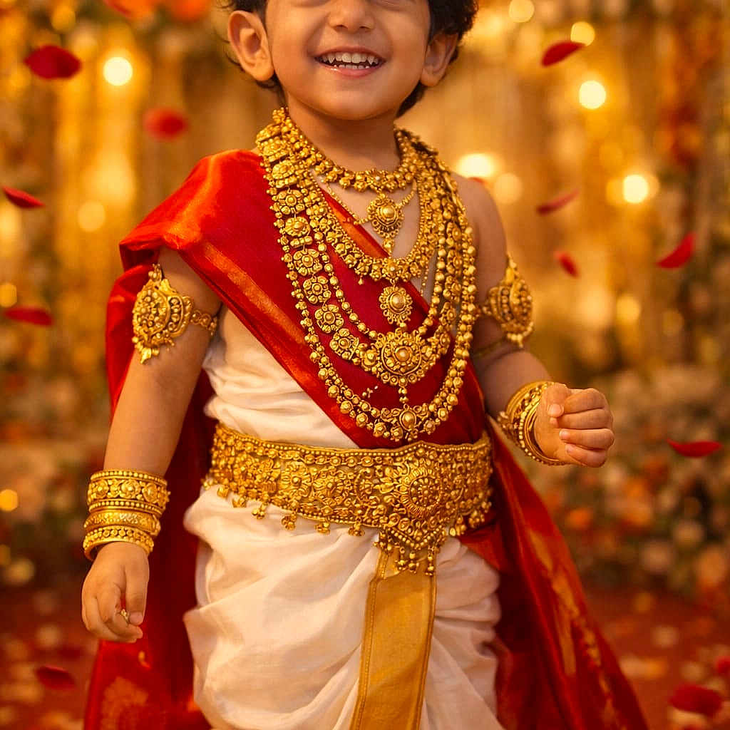 Adithbahu is registered to the contest to win money with this photo: child, smiling, traditional_clothing, gold_jewelry, red_sash, white_dress, festive, rose_petals, happy, portrait, celebration, cultural, indian_attire, young_child, decorative, bright_lighting, indoor, person, jewelry, festivity