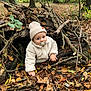 baby, child, forest, leaves, branches, wood, nature, outdoor, autumn, beanie, pacifier, curious, cozy, explorer, woodland, cute, person, seasonal, fall, play