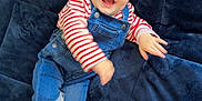 Eliana participe au concours pour gagner de l'argent avec cette photo : baby, child, smiling, happy, denim_overalls, striped_shirt, blue_eyes, pink_hair_ties, lying_down, soft_blanket, indoor, cute, infant, portrait, joyful, casual_clothing, white_socks, playful, baby_hair, cozy