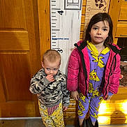 Amelia is registered to the contest to win money with this photo: child, children, height_chart, wooden_wall, door, pajamas, jacket, boots, floor, indoor, measurement, cute, standing, person, portrait, casual_clothing, expression, camouflage, pikachu, winter_clothing