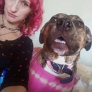 Stripes joined the competition — help win amazing prizes! animal, bed, brown_eyes, casual, collar, curly_hair, dog, face, friendship, happy, human, indoor, light_skin, pet, pink_hair, portrait, selfie, shirt, smile, woman