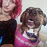 animal, bed, brown_eyes, casual, collar, curly_hair, dog, face, friendship, happy, human, indoor, light_skin, pet, pink_hair, portrait, selfie, shirt, smile, woman