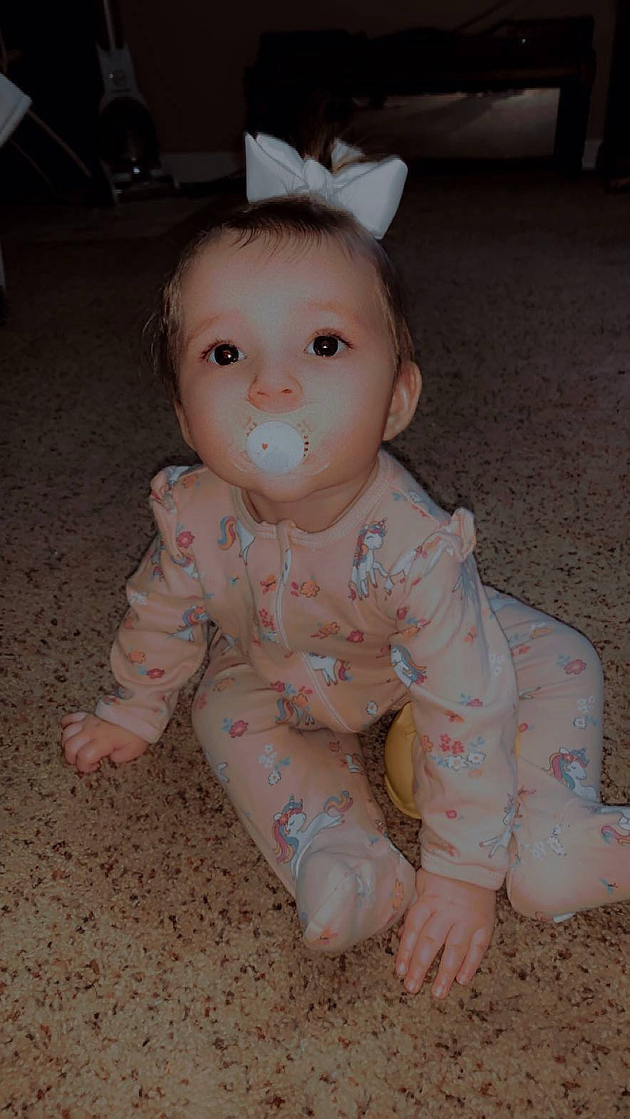 Blakelynn is registered to the contest to win money with this photo: baby, baby_products, baby_toddler_clothing, cheek, chest, child, comfort, crawling, eye, flash_photography, flooring, foot, fun, iris, lip, nose, person, sitting, skin, sleeve