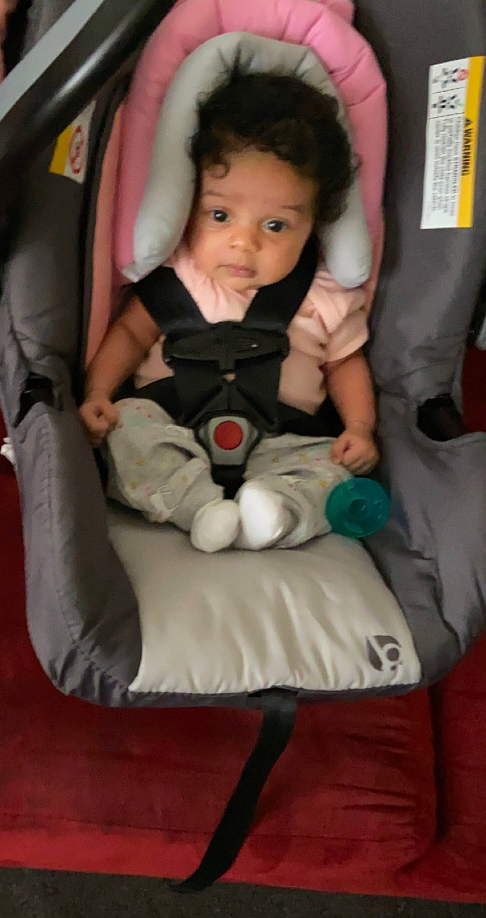 Kailee is registered to the contest to win money with this photo: baby, baby_carriage, baby_products, baby_toddler_clothing, car_seat, chair, cheek, child, comfort, eye, face, flooring, fun, human_leg, knee, lap, person, seat_belt, sitting, thigh