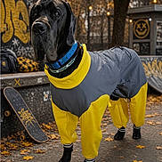 Addict a rejoint le concours — aidez-le/la à gagner de superbes lots ! dog, great_dane, pet, animal, wearing_clothes, raincoat, yellow, gray, blue_collar, skateboard, skate_park, urban, graffiti, outdoor, autumn, leaves, string_lights, portrait, standing, funny