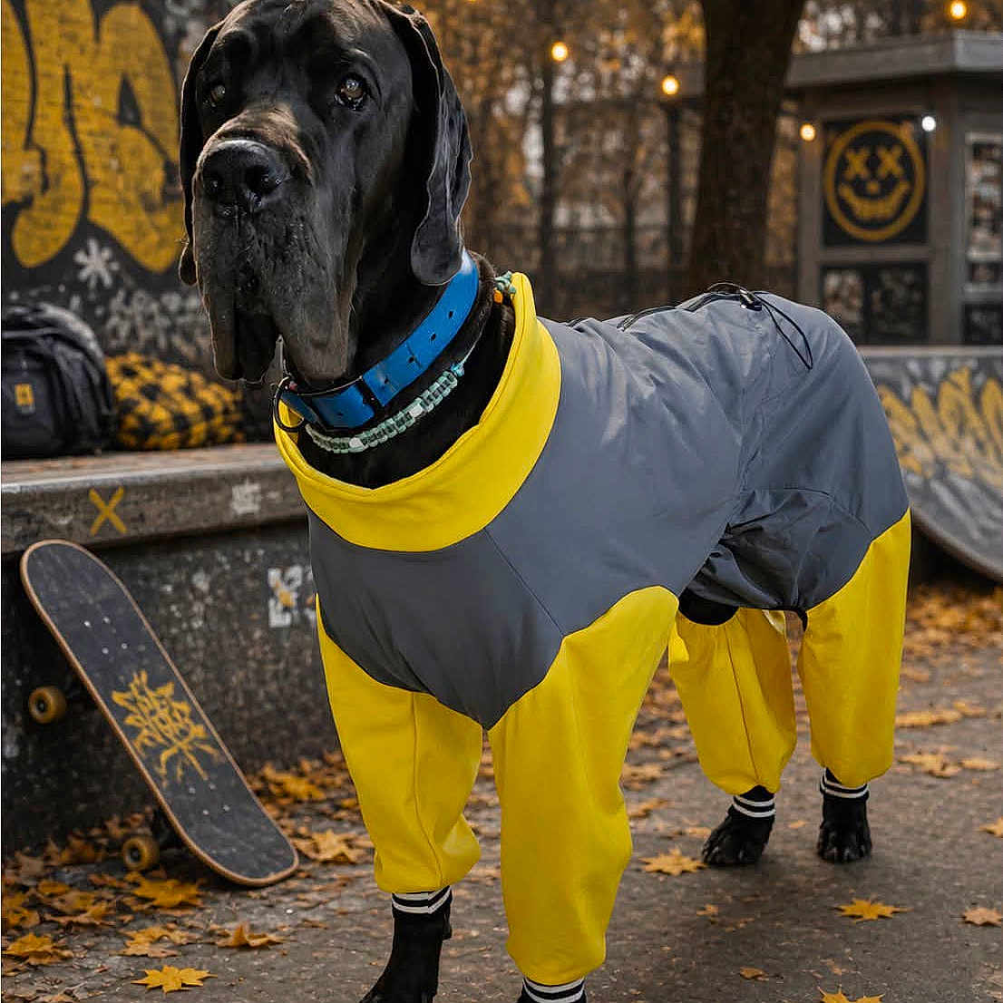 Addict a rejoint le concours — aidez-le/la à gagner de superbes lots ! dog, great_dane, pet, animal, wearing_clothes, raincoat, yellow, gray, blue_collar, skateboard, skate_park, urban, graffiti, outdoor, autumn, leaves, string_lights, portrait, standing, funny