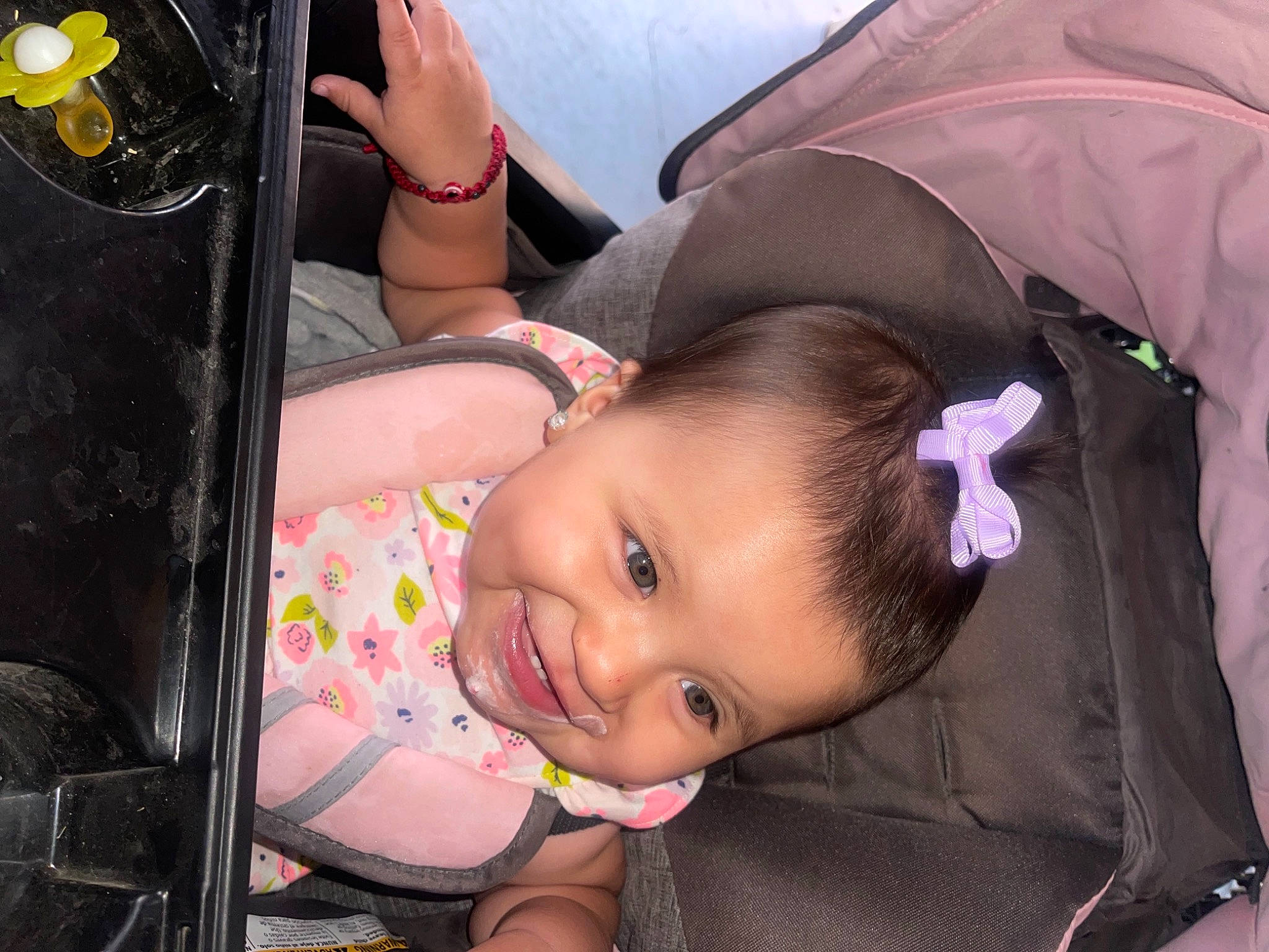 Emery is registered to the contest to win money with this photo: baby, baby_carriage, baby_products, baby_toddler_clothing, black_hair, car_seat, cheek, child, eyelash, flash_photography, fun, happy, iris, joy, lip, mouth, person, pink, product, skin