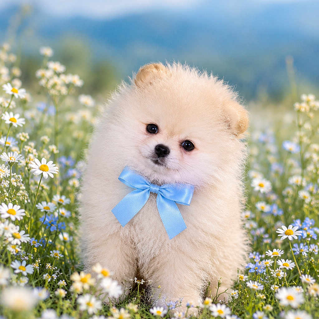 Teddy is registered to the contest to win money with this photo: puppy, dog, fluffy, cream_colored, bow_tie, blue_ribbon, daisies, wildflowers, meadow, outdoor, nature, mountains, sky, portrait, cute, sitting, small_dog, fur, pet, centered_composition