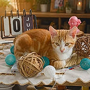 Mistigri a rejoint le concours — aidez-le/la à gagner de superbes lots ! cat, orange_cat, table, decorative_balls, calendar, indoor, plants, framed_photos, wooden_furniture, cozy, relaxed, decor, vintage_calendar, white_tablecloth, orange_and_white, pet, cute, domestic_cat, home, resting