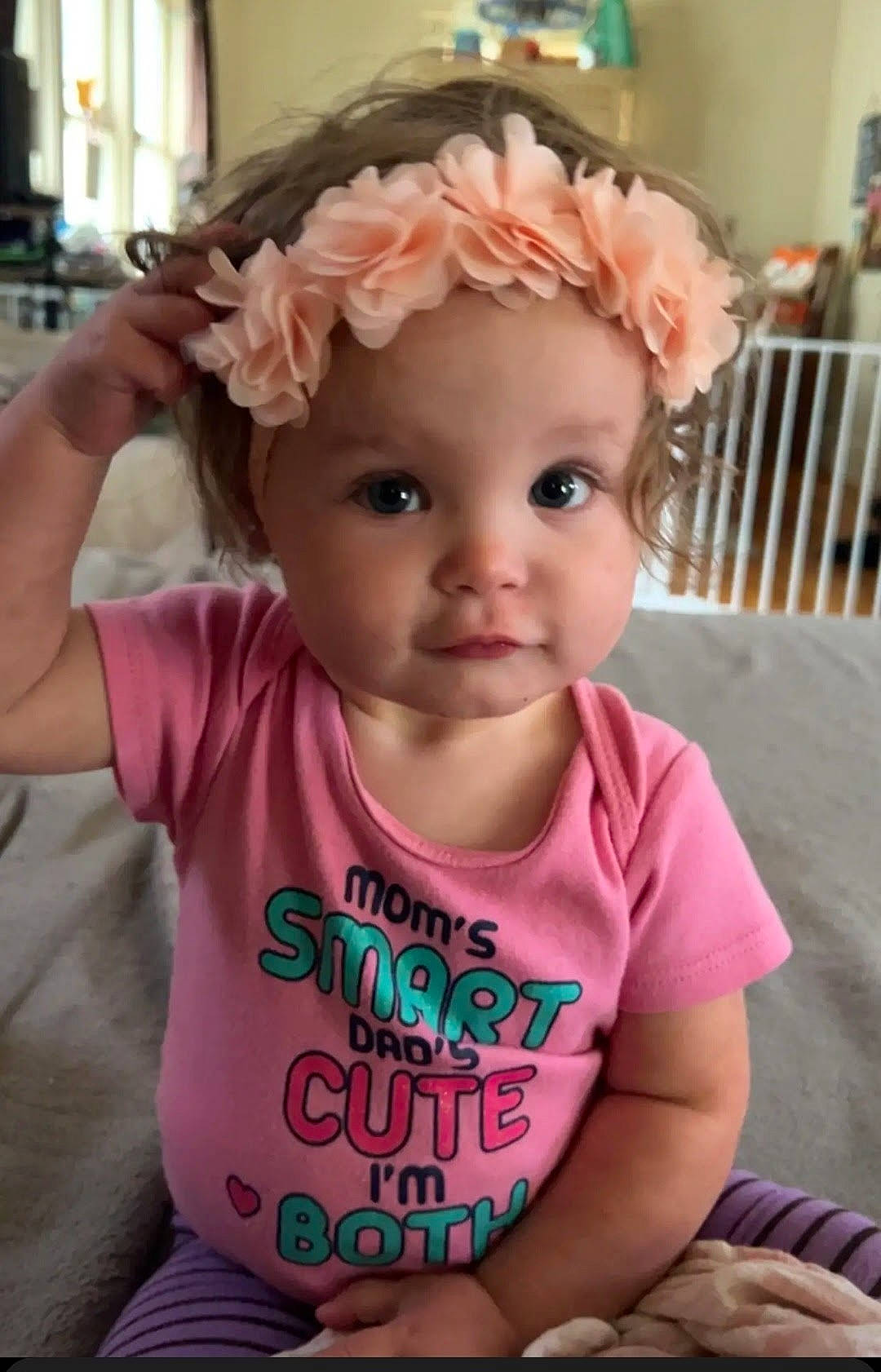 Harleigh joined the competition — help win amazing prizes! baby, baby_toddler_clothing, blond, cheek, child, chin, fashion_accessory, flower, fun, hair_accessory, happy, headband, headgear, headpiece, headwear, magenta, peach, person, pink, skin