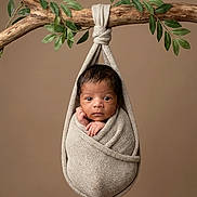 A'Mere joined the competition — help win amazing prizes! baby, branch, brown_background, child, cozy, cute, expression, face, green_leaves, hanging, infant, knitted_sling, natural, newborn, peaceful, portrait, small_hands, soft_texture, studio_photo, wrapped