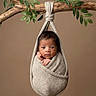 baby, branch, brown_background, child, cozy, cute, expression, face, green_leaves, hanging, infant, knitted_sling, natural, newborn, peaceful, portrait, small_hands, soft_texture, studio_photo, wrapped