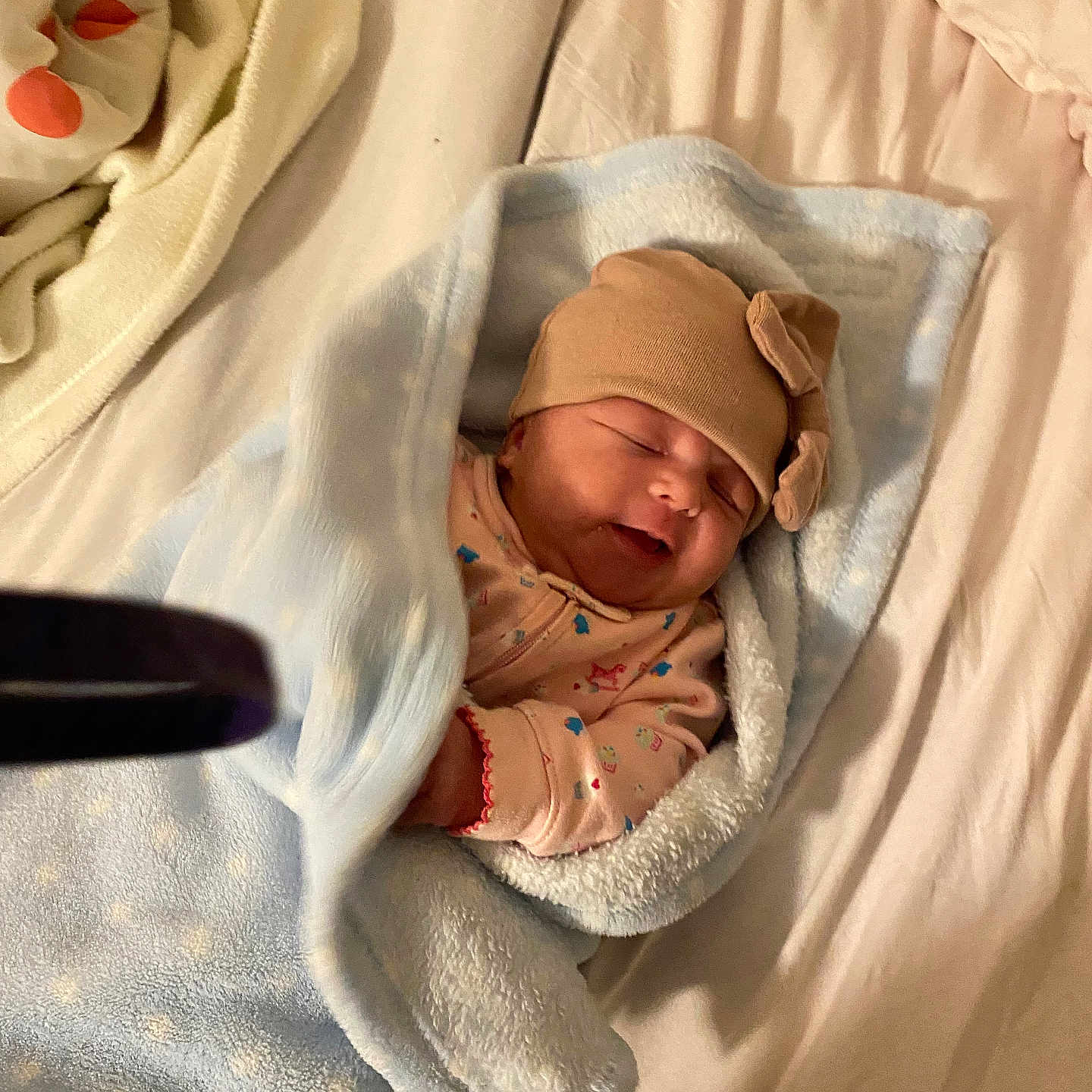 Nikita joined the competition — help win amazing prizes! baby, bed, beige_hat, blanket, bow, child, clothing, cute, fabric, face, happy, infant, lying_down, peaceful, pink_pajamas, portrait, sleeping, smile, soft_texture, wrapped