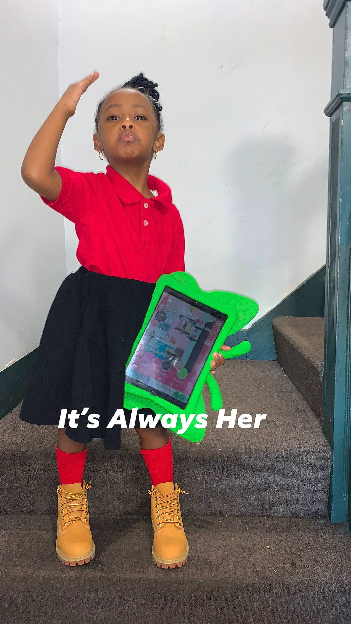 Anaj is registered to the contest to win money with this photo: boot, child, costume, event, fashion_design, fun, happy, joint, knee, leisure, magenta, person, room, sitting, sleeve, sneakers, sock, sportswear, standing, street_fashion