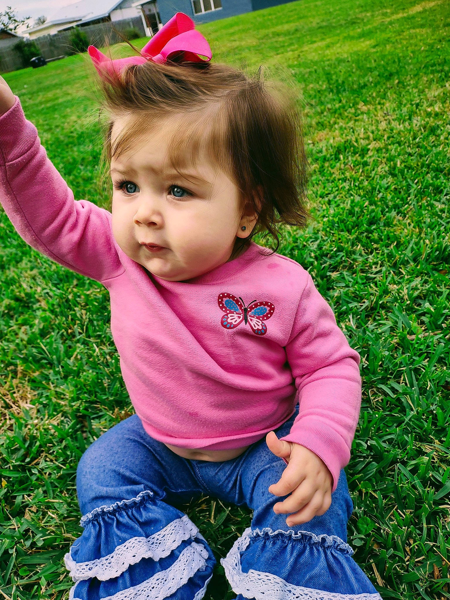 Braelynn joined the competition — help win amazing prizes! baby, baby_toddler_clothing, cheek, child, eye, fun, grass, grass_family, grassland, green, happy, head, leaf, meadow, people_in_nature, person, pink, plant, sleeve, summer