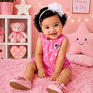 Ailany joined the competition — help win amazing prizes! baby, child, pink, dress, shoes, headband, smile, curly_hair, teddy_bear, plush_toy, star_lights, heart_lights, star_pillow, rug, flowers, room_decor, frame, sitting, happy, indoors