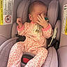 newborn, baby, car_seat, onesie, pacifier, sleeping, infant, pink, purple, clothing, child, face, hand, seatbelt, safety_strap, cute, portrait, indoors, resting, small