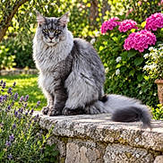 Willow a rejoint le concours — aidez-le/la à gagner de superbes lots ! cat, gray_cat, longhaired_cat, fluffy, feline, animal, pet, portrait, sitting, garden, outdoor, flowers, hydrangea, lavender, greenery, stone_wall, stone_surface, tail, whiskers, sunlight