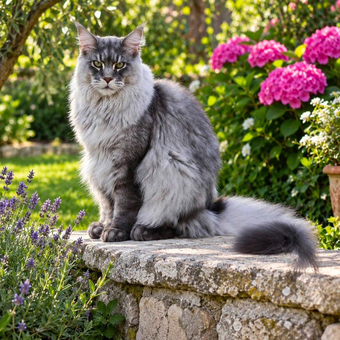 Willow a rejoint le concours — aidez-le/la à gagner de superbes lots ! cat, gray_cat, longhaired_cat, fluffy, feline, animal, pet, portrait, sitting, garden, outdoor, flowers, hydrangea, lavender, greenery, stone_wall, stone_surface, tail, whiskers, sunlight