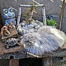 Nougat a rejoint le concours — aidez-le/la à gagner de superbes lots ! animal_sculptures, bench, cat, daylight, decorative, fluffy_cat, frog_statue, garden_decor, gray_cat, outdoor, plants, quiet, relaxing_cat, rocks, rustic, shadows, stone_bench, sunlight, turtle_figurine, wall