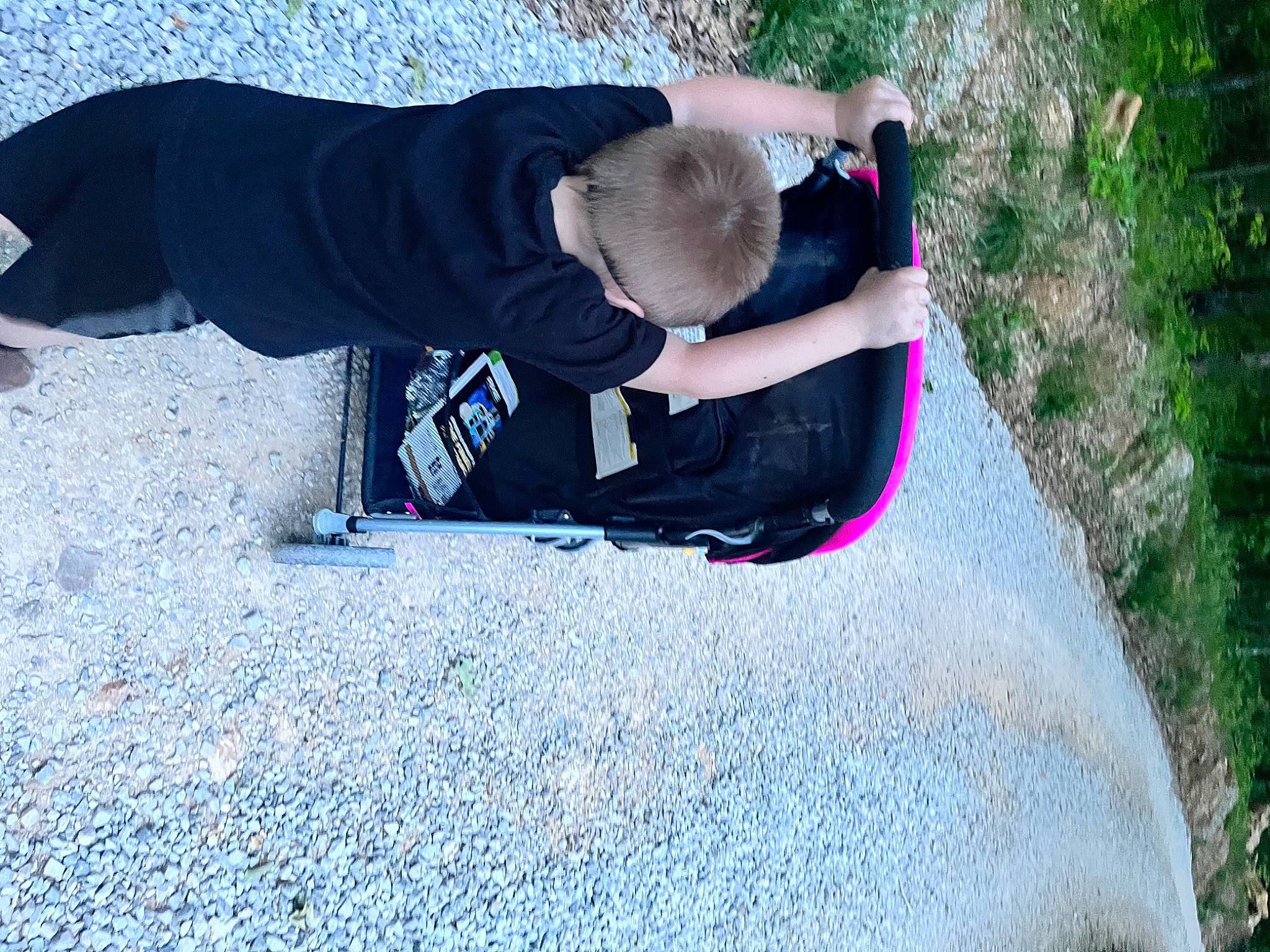 Jackson joined the competition — help win amazing prizes! adventure, asphalt, child, electric_blue, fun, grass, happy, landscape, leisure, people_in_nature, person, plant, play, recreation, rock, shadow, sitting, soil, t_shirt, toddler